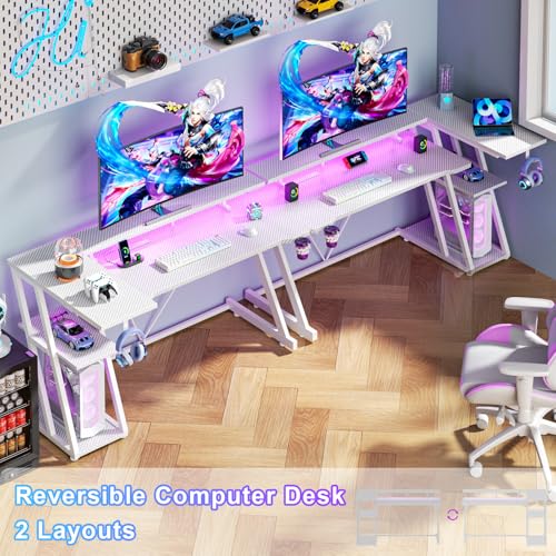55 Inch Gaming Desk with Power Outlet & LED Lights, L Shaped Gamer Computer Table with Storage Shelves for Bedroom, Corner Home Office Desk