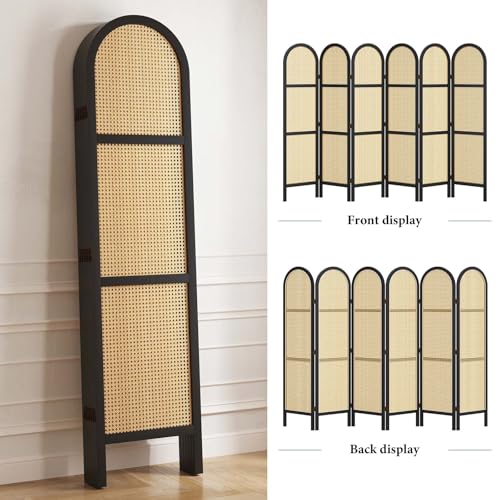 Room Divider and Folding Privacy Screens, Pine Wood 5.6 Ft Double Hinged Rattan Partition Freestanding Wall Room Divider for Home - 3 Panels