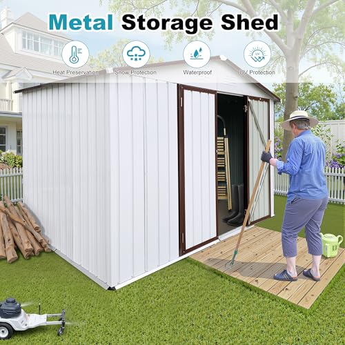 8x6 FT Outdoor Storage Shed, Metal Tool Shed with Lockable Doors, Peaked Roof & Frame Floor