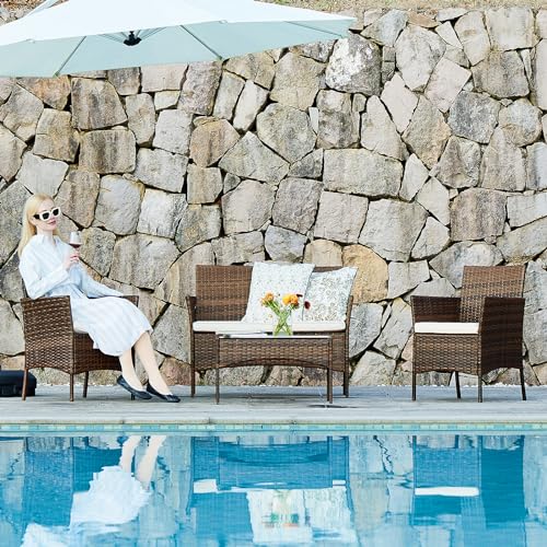 DUMOS Patio Furniture Set 4 Pieces, Outdoor Wicker Furniture with Coffee Table, Modern Rattan Patio Chairs Conversation Sets with Sofa for Garden