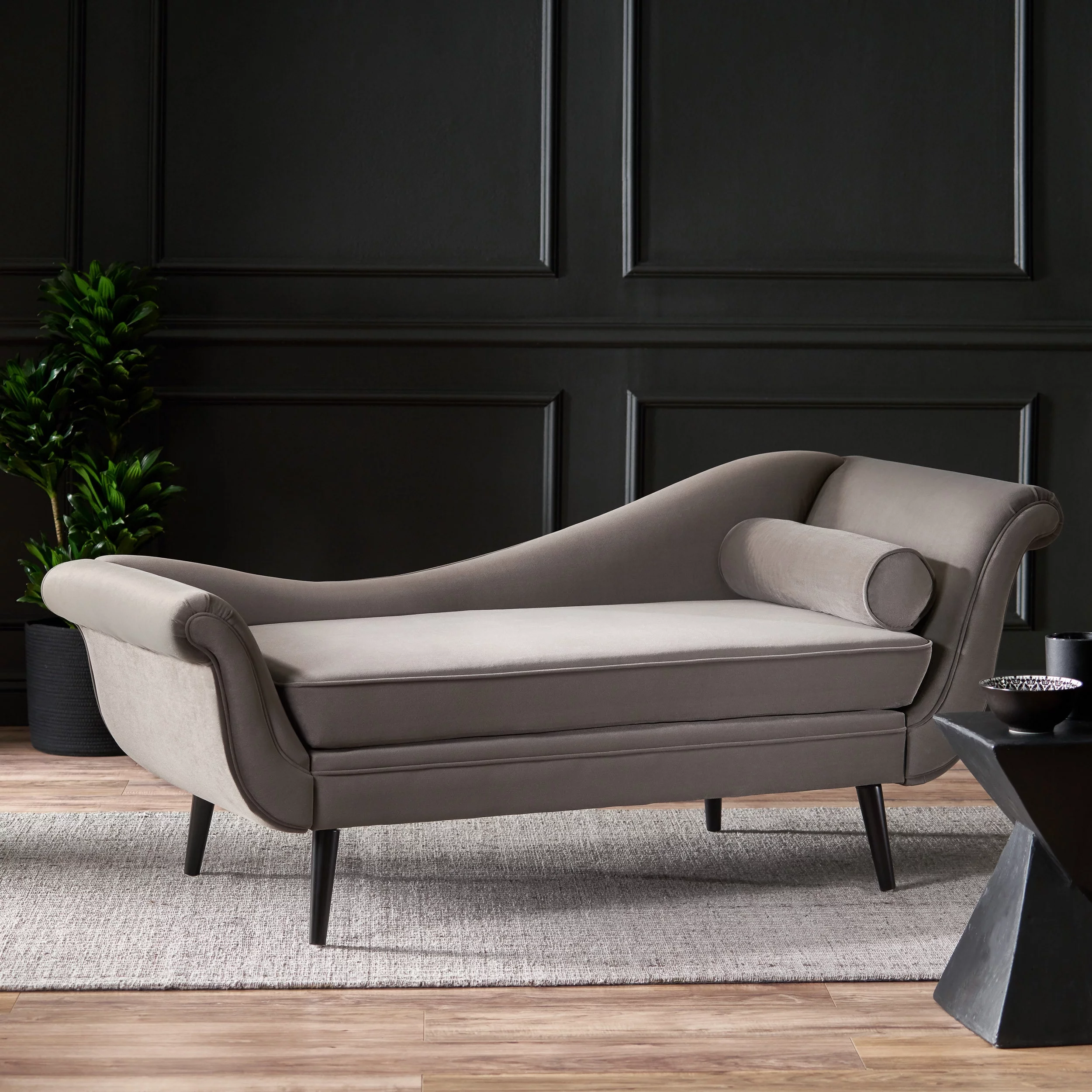 Jakyrah Contemporary Velvet Chaise Lounge with Scroll Arms, Taupe and Dark Brown