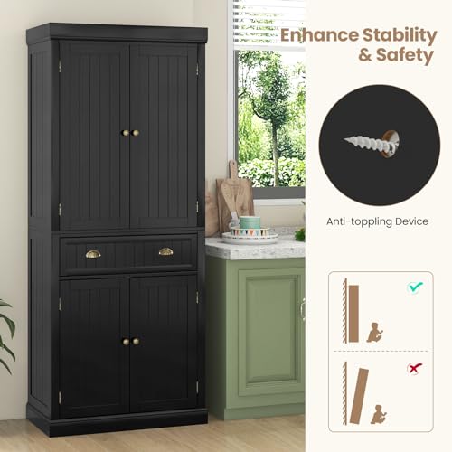 Tangkula 72" H Kitchen Pantry Cupboard Cabinet, Traditional Freestanding Large Tall Storage Cabinet with 2 Cabinets and Drawer, Adjustable Shelves
