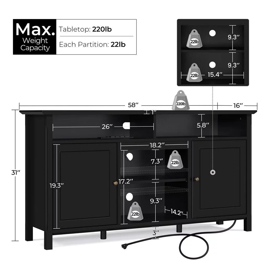Easyfashion 58in Width Modern TV Stand TV Console with Power Outlet for TVs up to 65in, Black