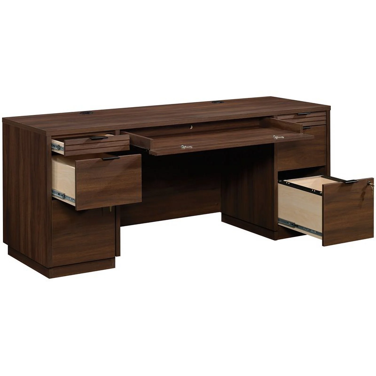 Pemberly Row 72" Wooden Knee Space Computer Credenza Desk in Spiced Mahogany