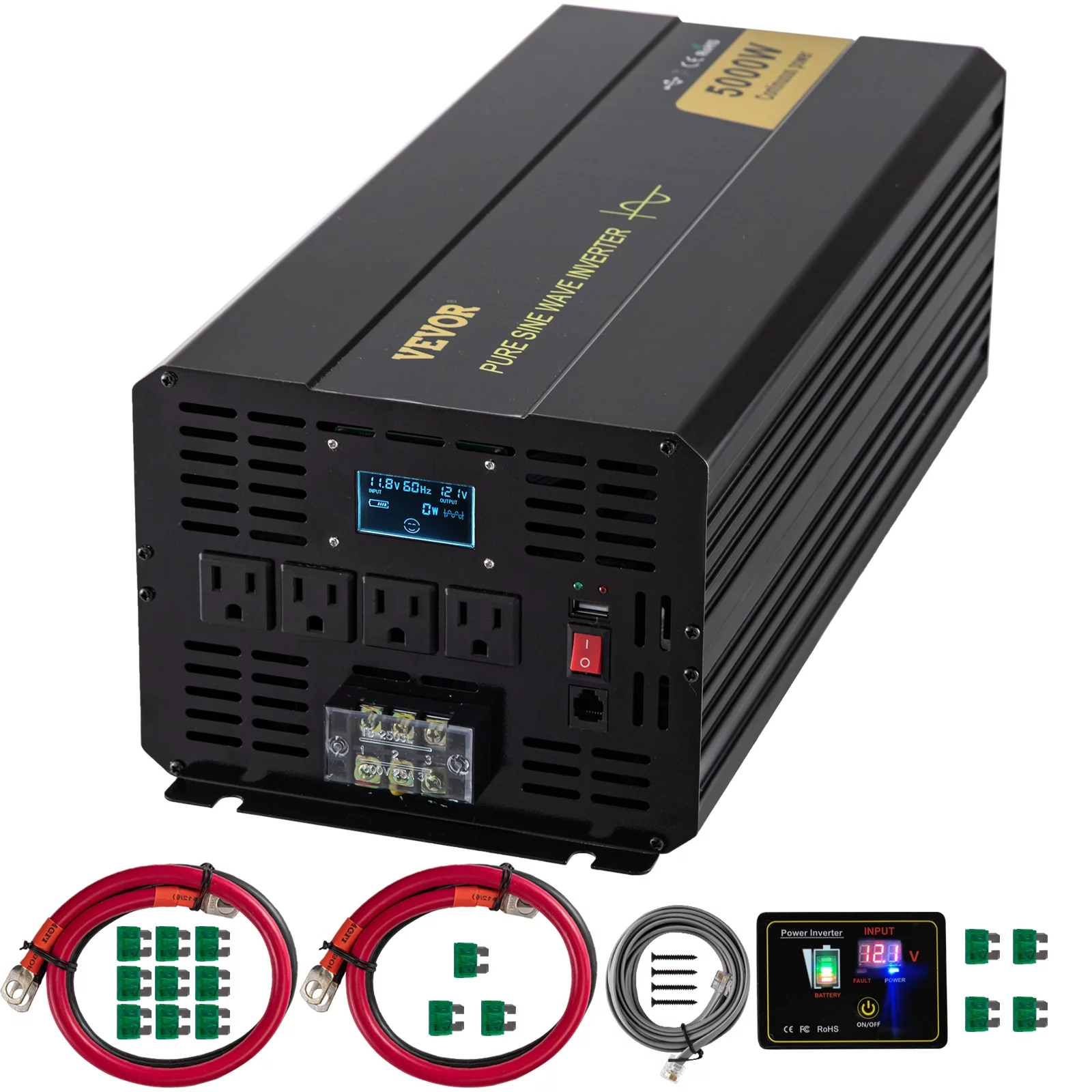 VEVOR Pure Sine Wave Inverter, 5000 Watt Power Inverter, DC 12V to AC 120V Car Inverter, with USB Port, LCD Display