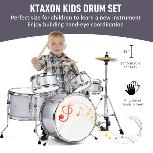Ktaxon 5-Piece Complete Junior Drums Set, 14 Inch Beginners Drum Kit with Throne Stool, Pedal & Drumsticks, Kids Drums Musical Instruments W/Cymbal