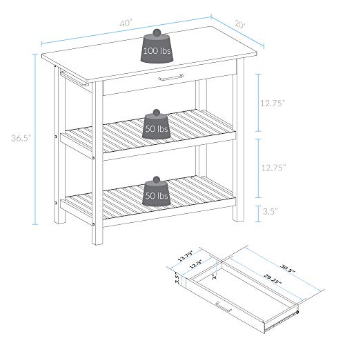 Casual Home Kitchen Island with Solid American Hardwood Top, Natural/White, 40" W (373-91)