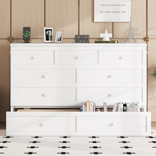 KEIKI Queen Size Cabinet Murphy Bed with Charging Station and Drawer, Multiple Storage Foldable Hideaway Wall Murphy Bed Frame with Solid Slat