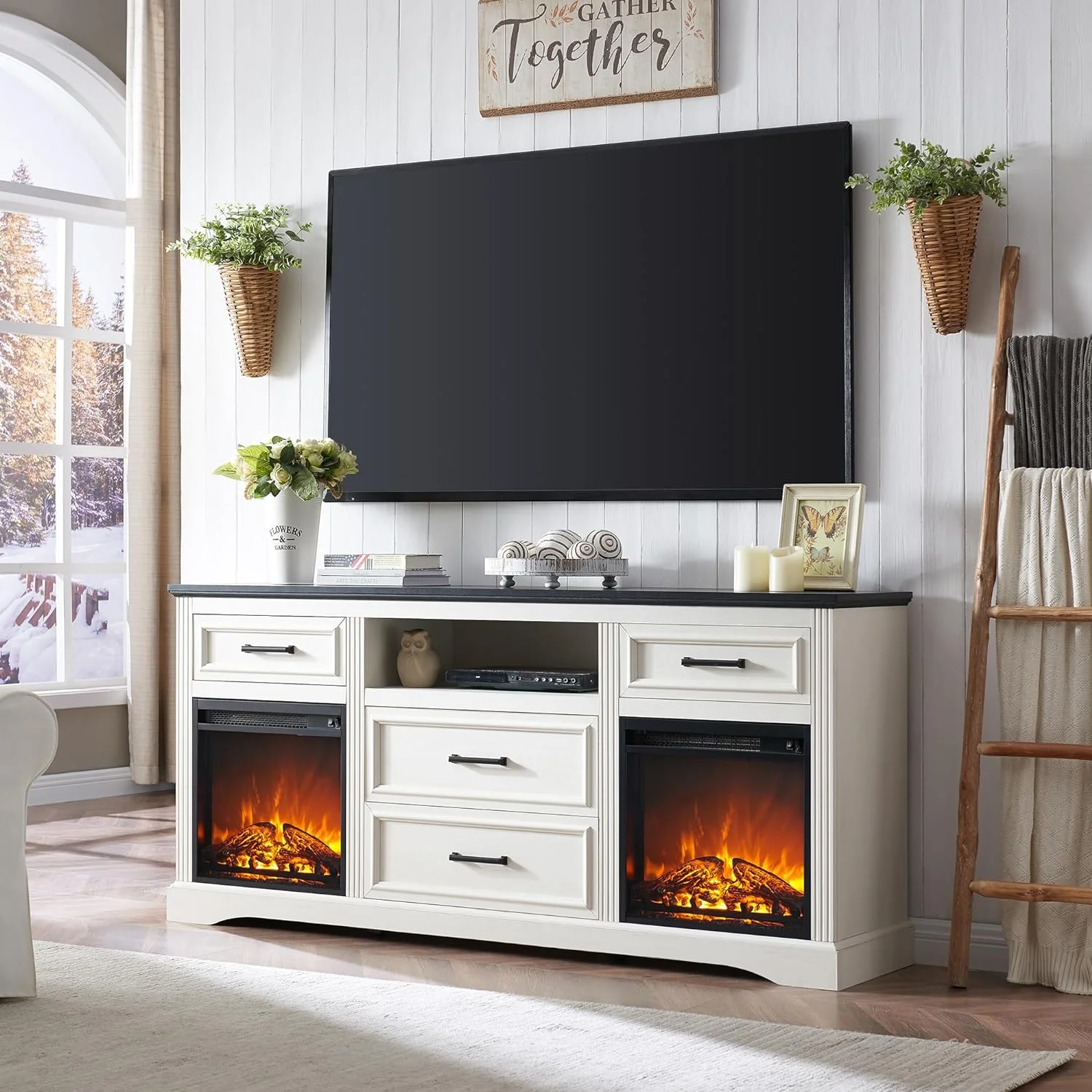 T4TREAM 70″ Fireplace TV Stand for TVs Up to 80″,  Farmhouse TV Console Entertainment Center with 4 Large Drawers for Living Room, Bedroom, White