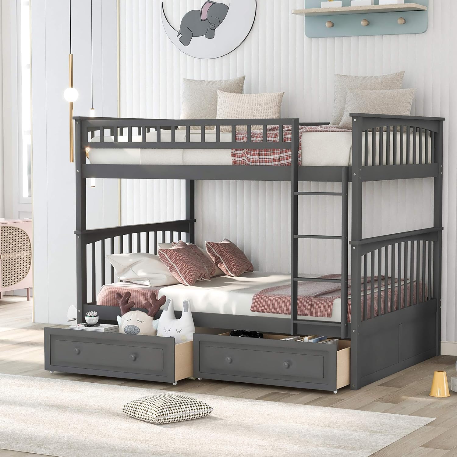 Full Over Full Bunk Bed with Drawers,Wood Bedframe Divided Into Two Full Size Daybeds for Kids Teens,Gray