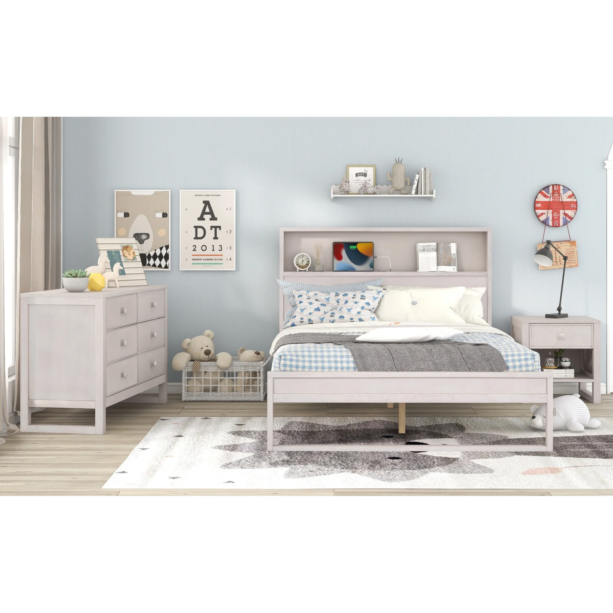 3-Pieces Bedroom Sets Full Size Platform Bed with Nightstand and Dresser,Antique White