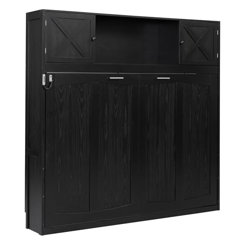 Ball & Cast Queen Size Murphy Bed,Murphy Bed Cabinet W/ 2 Five-Layer Cabinet,Hideaway Wall Bed W/LED Lights,Wood Hidden Bed Frame for Guest Room