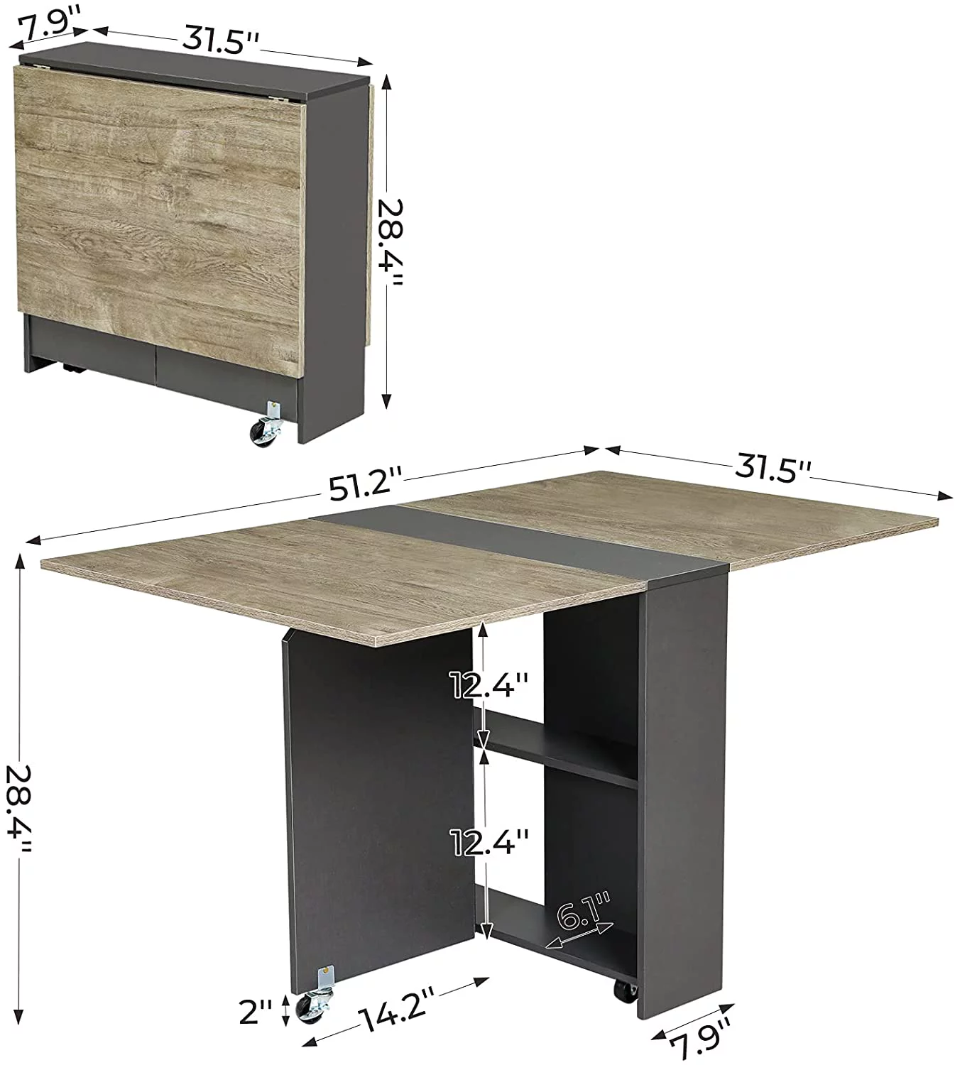 Folding Dining Table, Drop Leaf Dining Table with 6 Wheels and 2-Layer Storage Shelf, Space Saving Dining Table for Small Spaces, Chestnut and Gray
