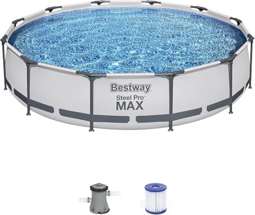 Bestway Steel Pro MAX 12 Foot by 30 Inch Round Above Ground Swimming Pool Set Outdoor Metal Frame Family Pool with Filter Pump, Gray