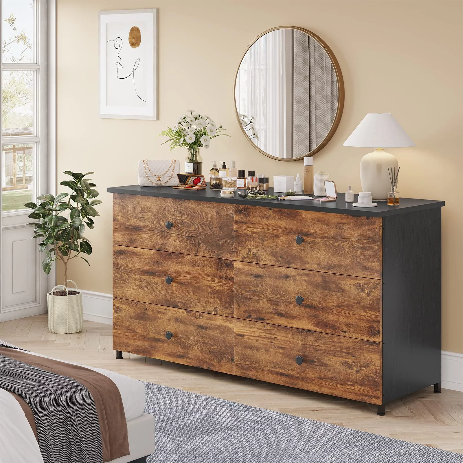 6 Drawer Double Dresser, Wooden Chest of Drawers with Heavy Sturdy Steel Frame, Large Capacity Storage Cabinet, Dresser for Bedroom, Living Room