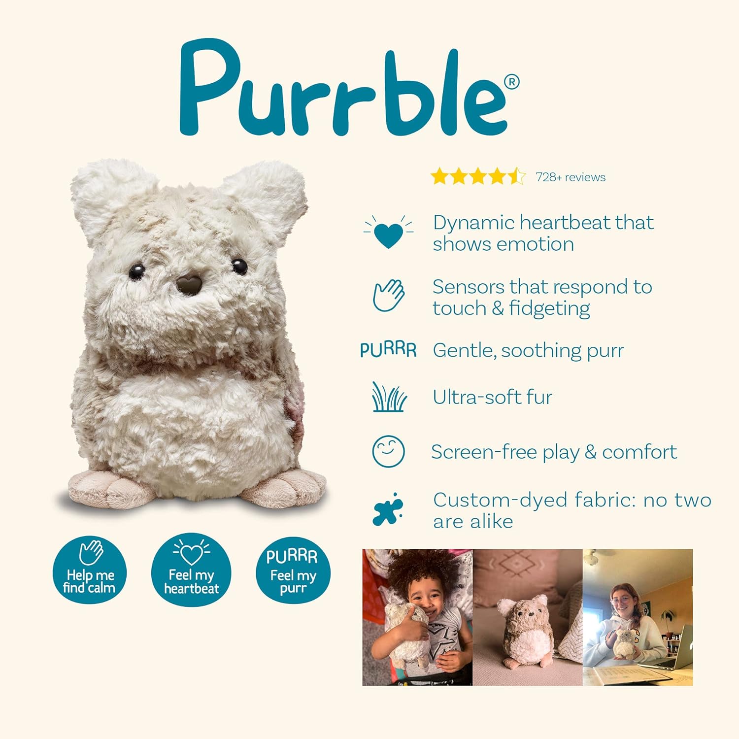 Purrble - Calming Toy Companion with Dynamic Heartbeat and Soothing Purr - Interactive Plush Companion for All Ages