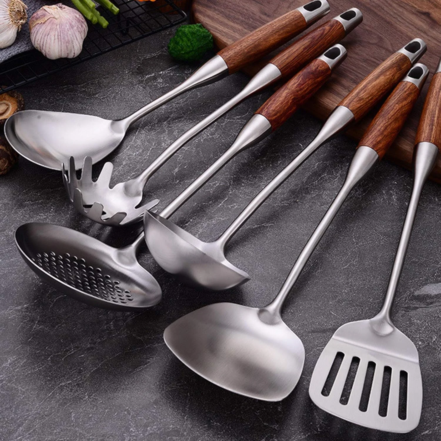 Cooking Utensils Set,7pcs 304 Stainless Steel Kitchen Utensils Set with Holder,Heat Resistant Wooden Handle Kitchen Tools