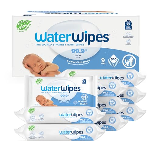 WaterWipes Plastic-Free Original Baby Wipes, 99.9% Water Based Wipes, Unscented & Hypoallergenic for Sensitive Skin, 60 Count (Pack of 12)