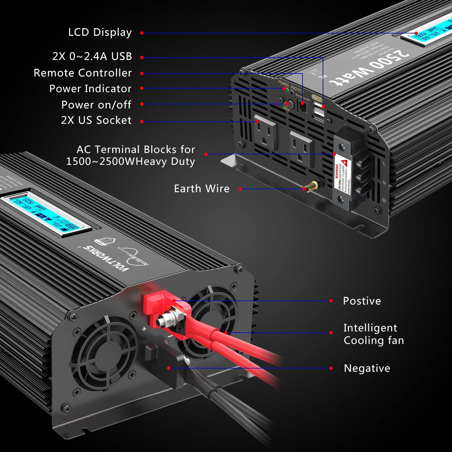 Pure Sine Wave 2500 Watt Car Power Inverter 2500w Converter DC 12V to 110V-120V AC with LCD Display 2 AC Outlets 2x2.4A USB Ports 1 AC Terminal Block
