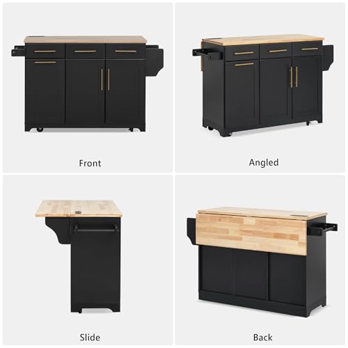 Ball & Cast Farmhouse Kitchen Island with Drop Leaf & Barn Door,Rolling Kitchen Cart on Wheels with Power Outlet,3 Large Drawers