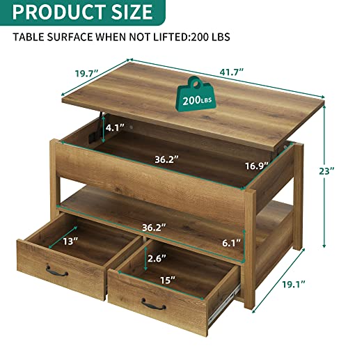 YITAHOME Lift Top Coffee Table with Storage Shelf,Drawers and Hidden Compartment,Retro Center Table with Wooden Lift Tabletop