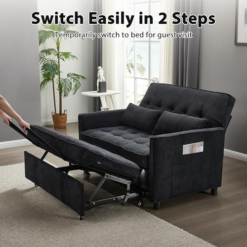 Sleeper Sofa Bed, 52‘’ Convertible Pull Out Couch with Small Table| USB Port | Side Pockets | Corduroy Fabric | Adjustable Backrest for Apartment