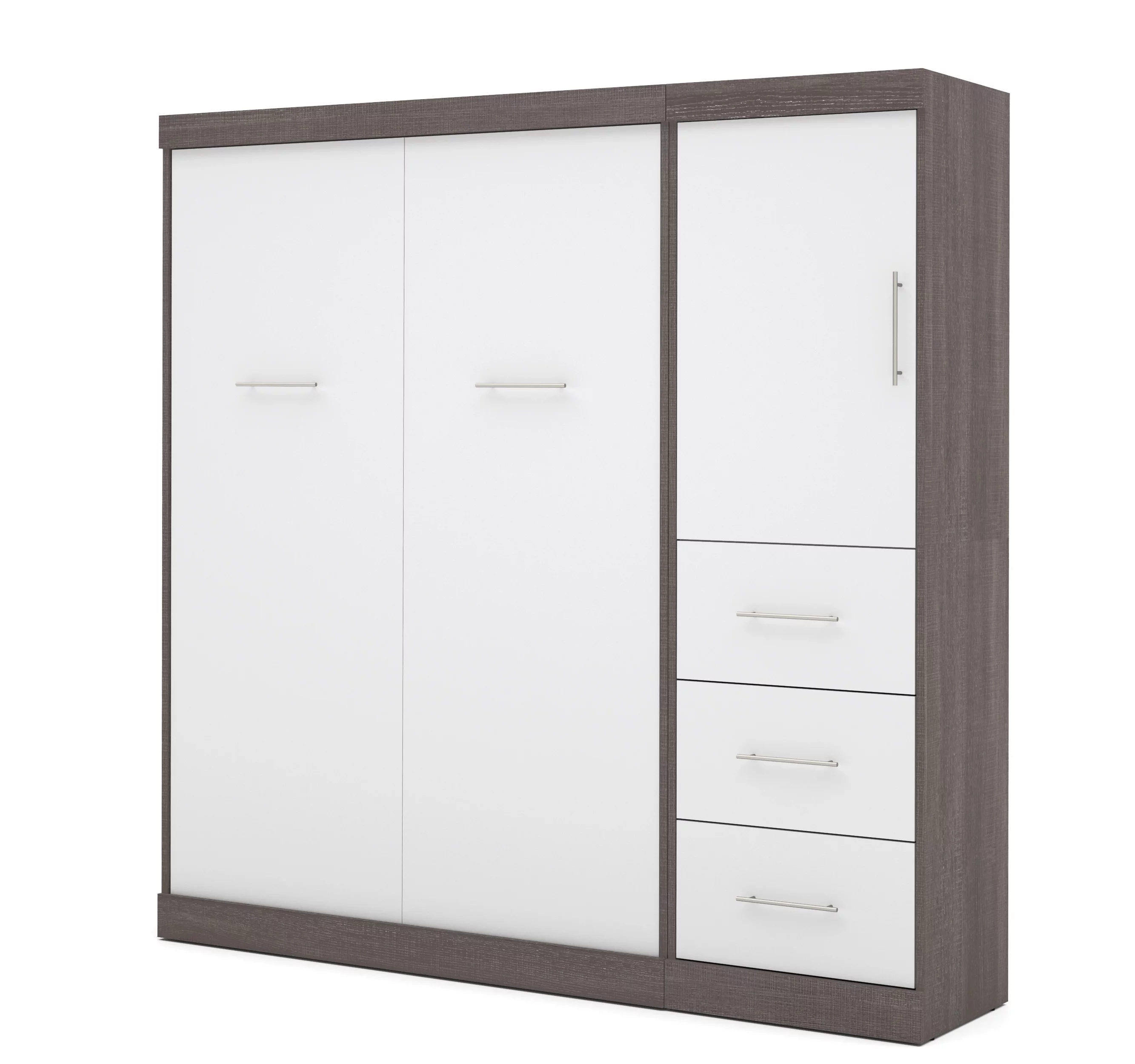Nebula by Bestar 84" Full Wall Bed Kit with Storage and a Door and 3-Drawer Set in Bark Gray & White