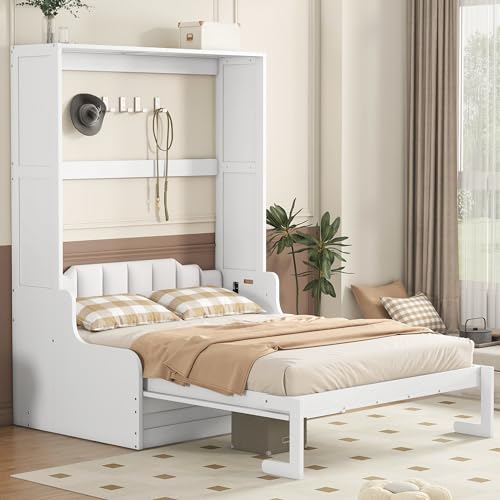 Merax Queen Size Murphy Bed, Wooden Queen Murphy Bed Wall Bed with Sofa and Cushion, for Home Office or Small Room, White