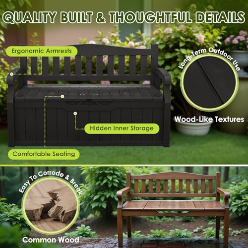 Greesum 80 Gallon Outdoor Storage Bench, Resin Patio Furniture with Armrest,Waterproof and UV-Resistant, Perfect to Garden, Poolside and Lawn