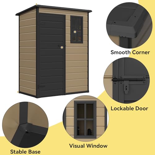 DWVO 5x3ft Resin Outdoor Storage Shed with Floor, Waterproof Lockable Storage Shed with Window, Plastic Outside Tool Storage for Garden, Backyard
