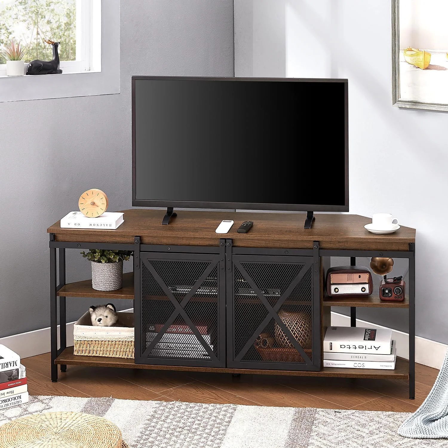 FJU Corner TV Stand, Corner TV Stand for 55 60 Inch TV, Industrial & Farmhouse Corner Entertainment Center w/Sliding Barn Door