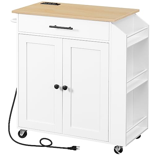 HOOBRO Kitchen Island with Power Outlet, Kitchen Storage Island with Spice Rack and Drawer, Rolling Kitchen on Wheels, for Home, Dining Room