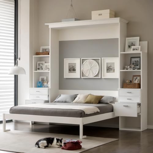 Queen Size Murphy Bed with Desk & Charging Station,Wall Bed Frame Folding into Cabinet Design w/LED & Storage Shelf for Small Space,Bedroom