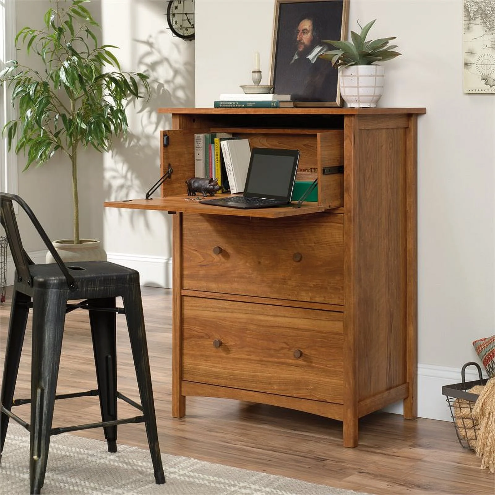 Pemberly Row Engineered Wood Secretary Desk/Chest in Prairie Cherry