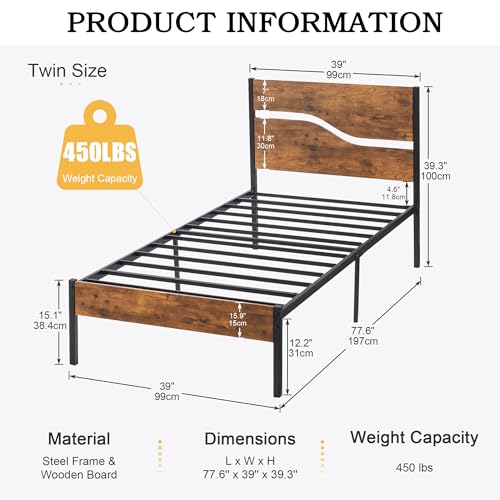 VECELO 2 Set Twin Bed Frame with Wood Storage Headboard & Footboard, Heavy Duty Metal Platform, Large Under Bed Storage, Noise-Free