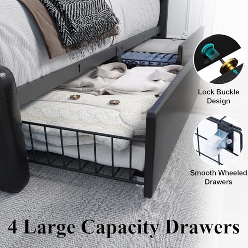 Full Size Bed Frame with 4 Storage Drawers and LED Lights, Upholstered Platform Bed with Adjustable Headboard and Charging Station