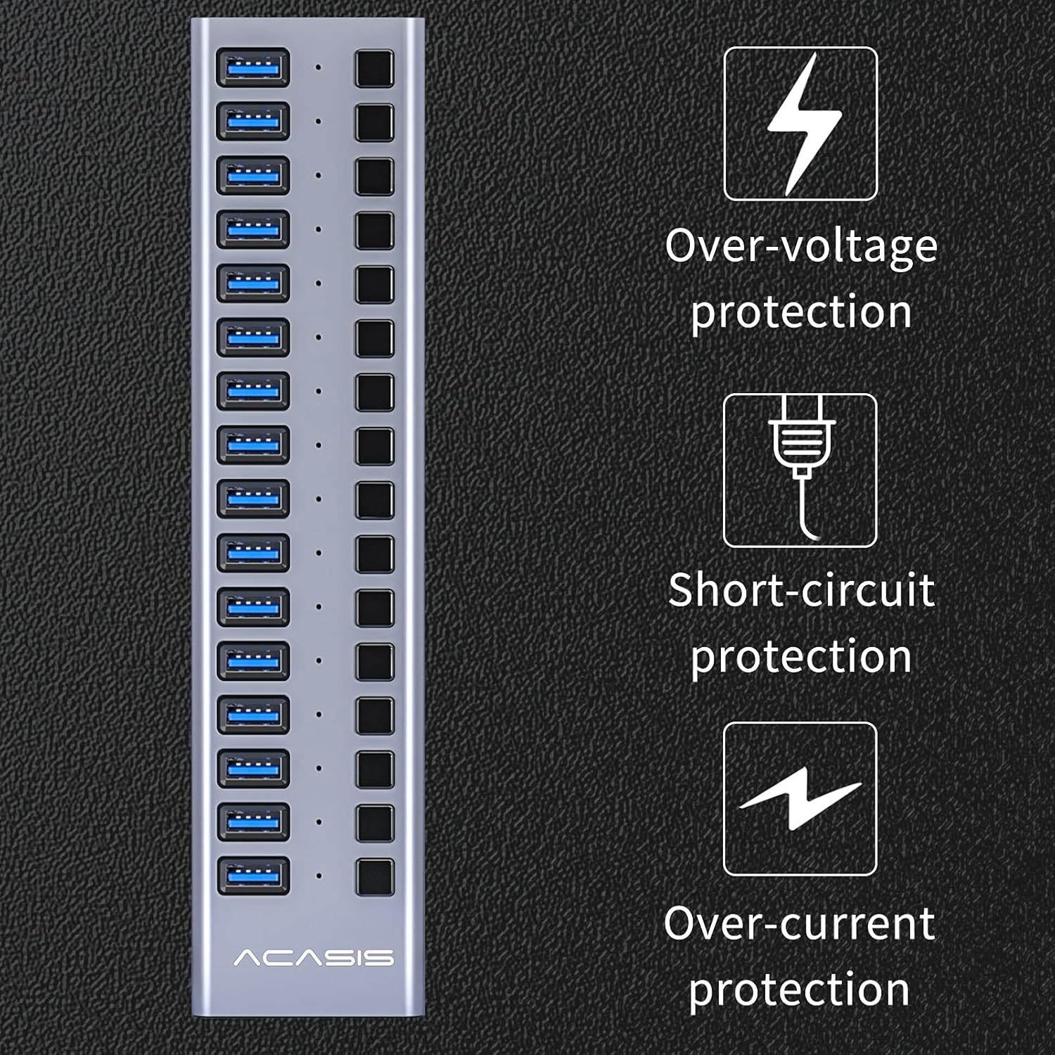 ACASIS Powered USB Hub 16 Ports USB 3.0 Data Hub with Individual On/Off Switches and 12V7.5A 90W Power Adapter USB Hub 3.0 Splitter for Laptop, PC