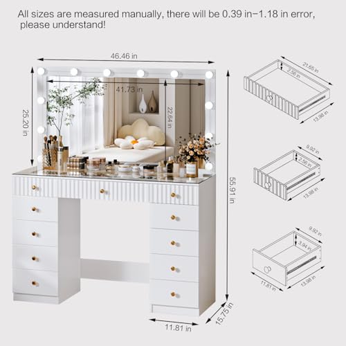 43" Makeup Vanity Desk with Mirror and Lights, & Power Outl, Glass Top Big Vanity Table with 9 Drawers& 8 Storage Shelves