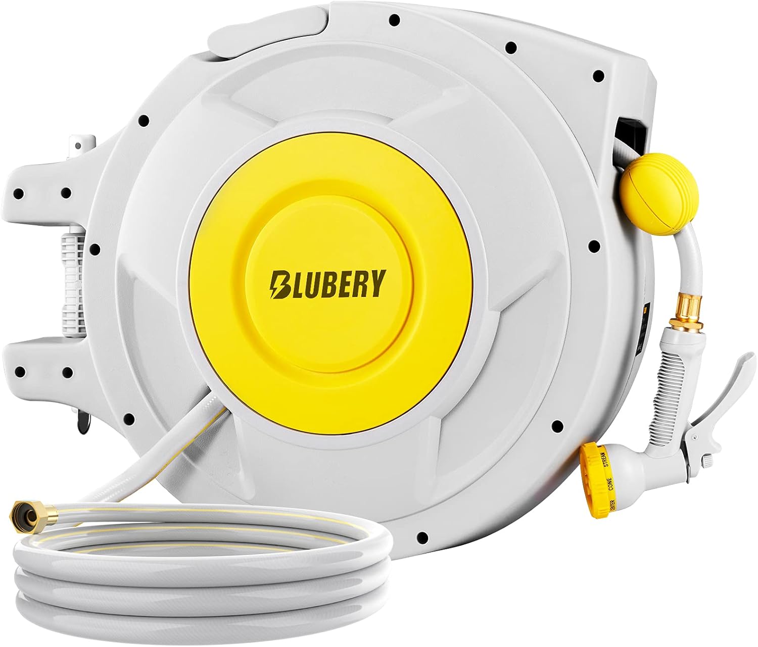 BLUBERY Retractable Hose Reel, 5/8" x 100+6.7 ft Retractable Garden Hose Reel with 8 Pattern Spray Nozzle, Any Length Lock, 180° Swivel Bracket
