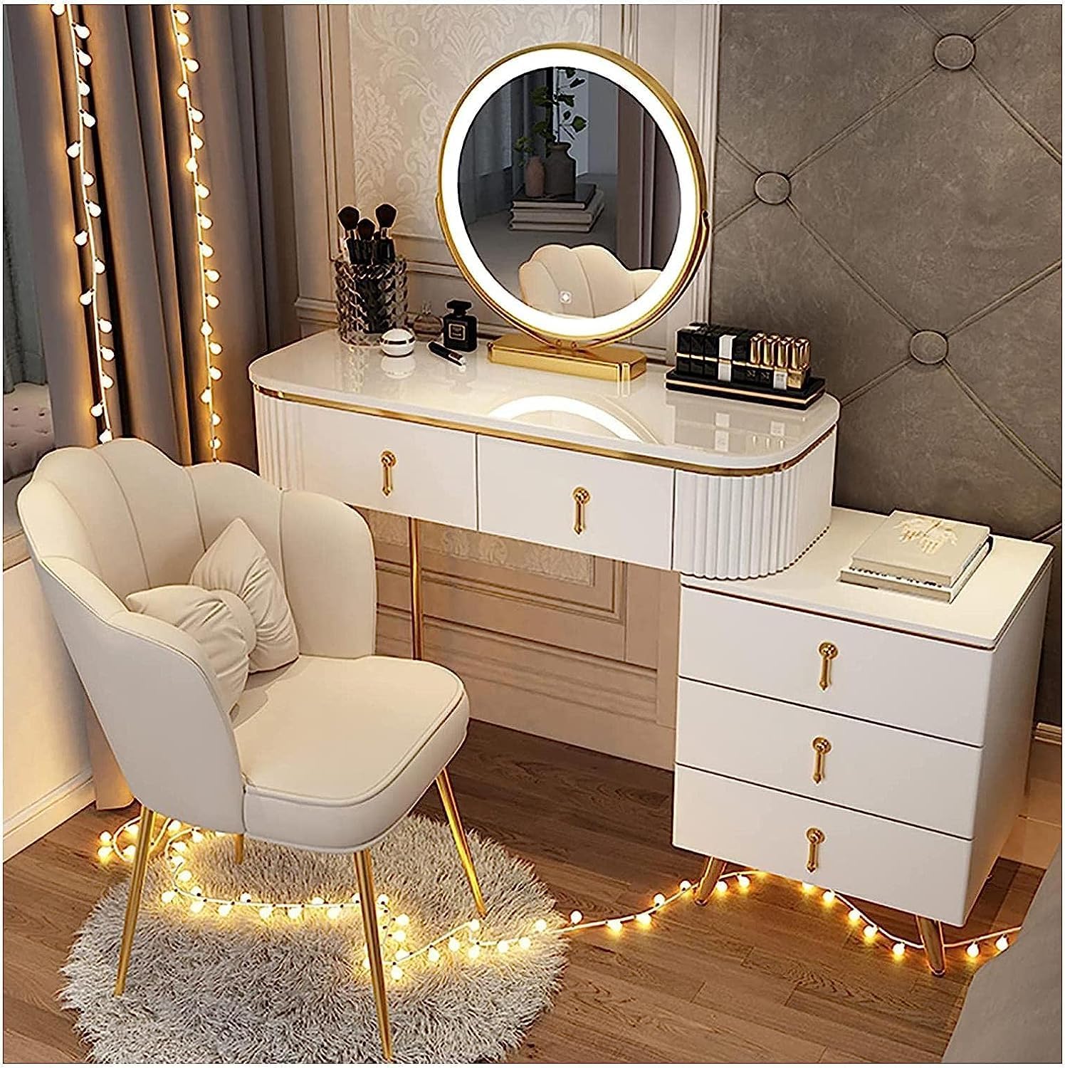 Vanity Table Vanity Desk Modern Vanity Desk with Mirror Dressing Table 5 Drawers Nightstand with Stainless Steel Legs Vanity Table with Back Chair