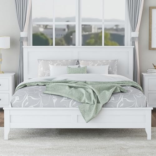 Wood Bed Frame with Headboard Wood Platform, No Box Spring Needed,White (Queen (U.S. Standard))