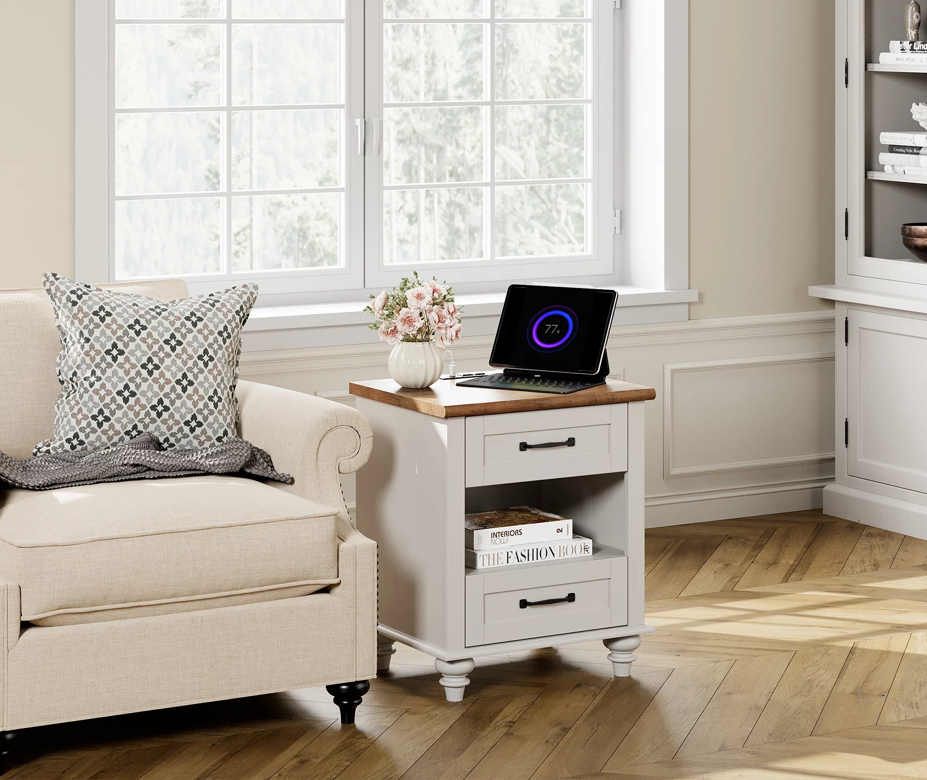 Nightstand Set of 2 with Charging Station Farmhouse Wooden End Table Sofa Side Table with 2 drawers for Bedroom Living Room, White