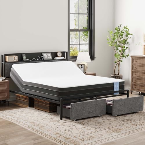 FLEXISPOT Queen Adjustable Bed + 12-inch Cooling Gel Memory Foam Mattress, Storage Headboard, Charging Station, Head Incline, LED Lighting