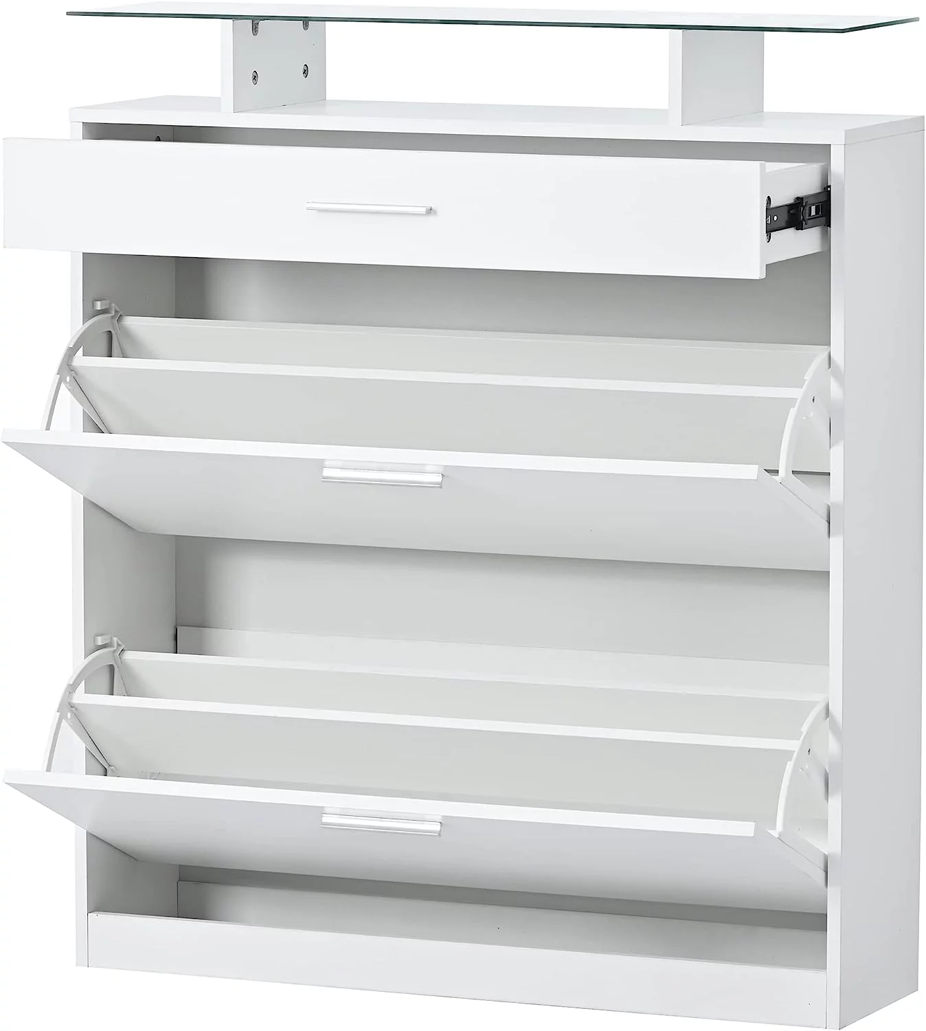 AngLink Slim Entryway Shoe Cabinet with 2 Flip Drawers, Modern Tempered Glass Top Shoe Storage Organizer with Drawer and Open Shelves