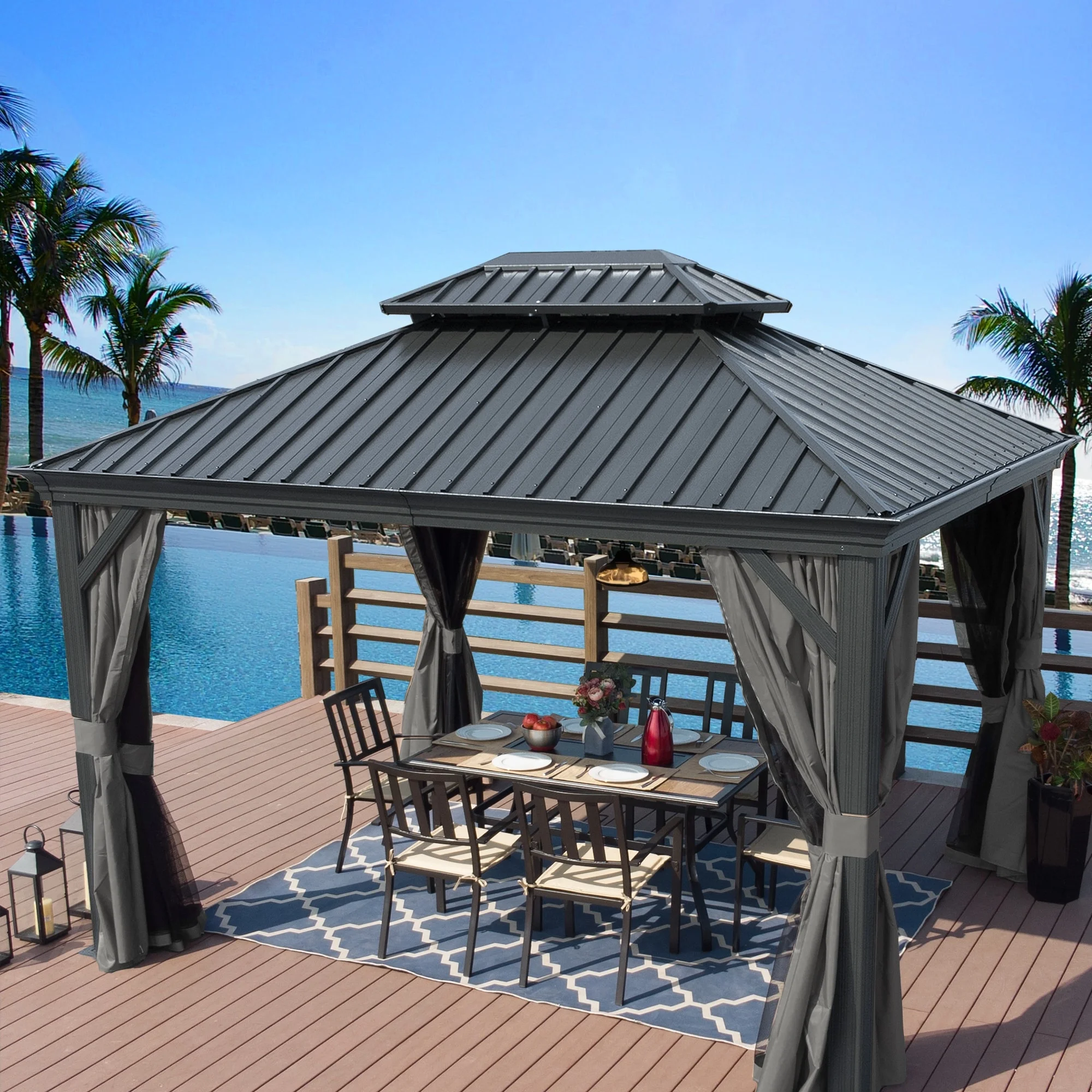 Kozyard LLC Kozyard Alexander Hardtop Aluminum Gazebo with Mosquito Net and Privacy Curtain Grey 10' x 12'