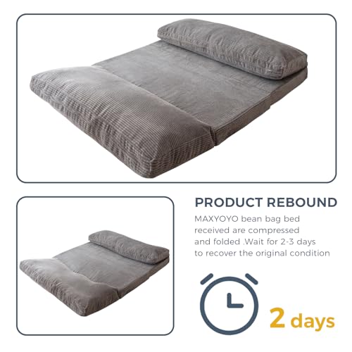 MAXYOYO Bean Bag Bed Folding Sofa Bed Floor Mattress for Adults, Extra Thick and Long Floor Sofa with Corded Washable Cover, Dark Grey, 30x95 Inch