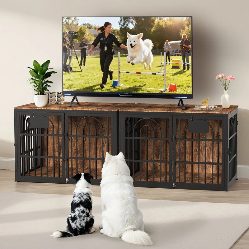 Dog Crate Furniture with Cushion, Wooden Dog Kennel End Table with Double Doors, Heavy Duty Indoor Dog House for Small Medium Large Dogs