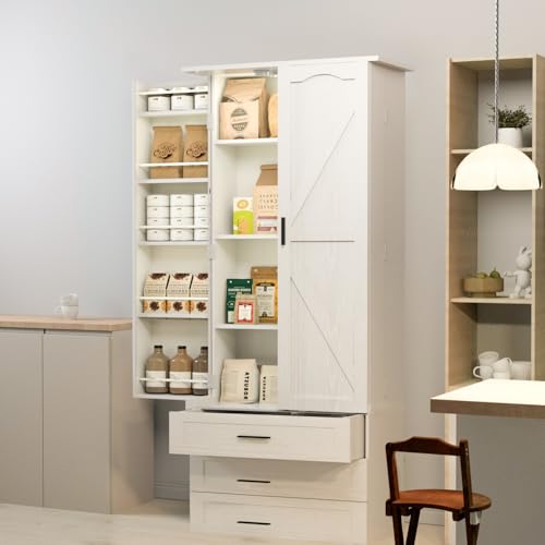 72" LED Kitchen Pantry Cabinet with 3 Drawers Farmhouse Tall Storage Cabinet Wood Food Pantry with Barn Doors and Adjustable Shelves Versatile