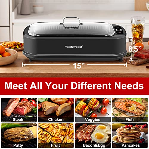 Indoor Grill, Techwood 1500W Smokeless Electric Grill with Non-Stick Grill Plates, Korean Grill with Temperature Control, Tempered Glass Lid