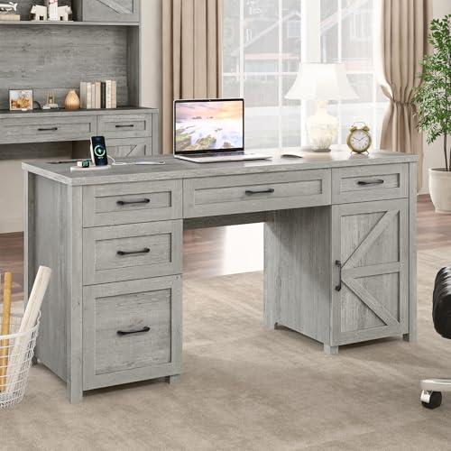 Farmhouse 61'' Executive Desk with 5 Drawers, Rustic Office Desk Computer Desk with Charging Station, File Drawers and Storage Cabinet